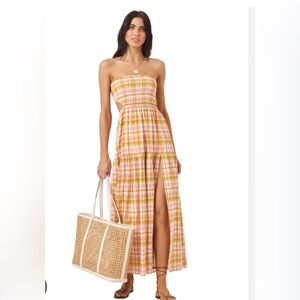 L*Space Strapless Plaid Smocked Maxi Dress in Pink and Yellow. S NWT